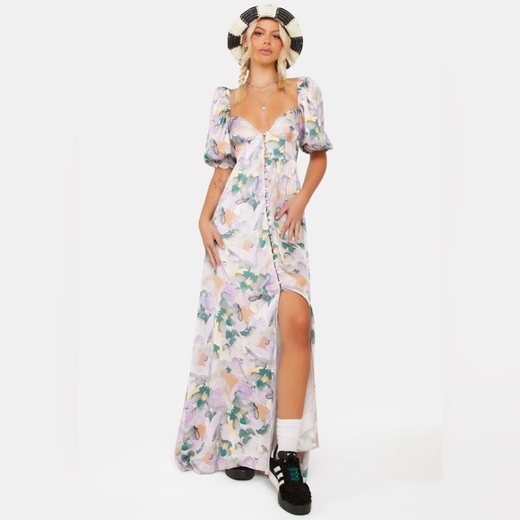 NWT For Love & Lemons Megan Floral Maxi Dress Size XXS Button Front Puff Sleeve - Picture 1 of 10